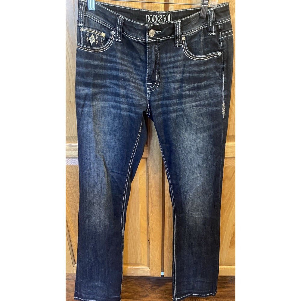 Rock & Roll Cowgirl Woman's Boyfriend Fit Dark Wash Denim Jeans Size 27 X 34